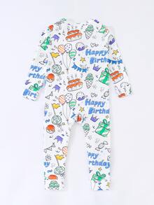 SHEIN 可愛男嬰白色秋冬款週歲生日派對彩色塗鴉數位印花修身長袖雙面拉鍊連身衣拉鍊睡衣 - 白色 - 查看 3