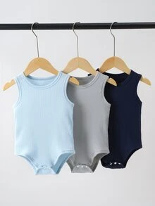 SHEIN 3件組男嬰男孩兒子藍灰色羅紋針織柔軟薄款連身衣，適合海灘海邊旅行、春夏炎熱天氣 - 彩色 - 查看 5