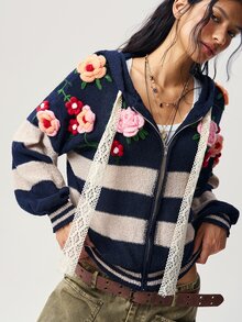Bohemela Women's Floral Decor Casual Daily Outing Cardigan - Blue - View 5