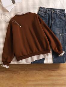 SHEIN Tween Girls Sweatshirt, College Casual Versatile Commute Style, 2 In 1 Sweatshirt With Shirt Collar, Number & Letter Print, Leopard Pattern, Loose Fit - Multicolor - View 2