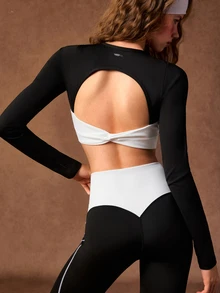 VARSIVA Women's Colorblock Long Sleeve Top And Pants Casual Daily Sports Set - Black and White - View 10