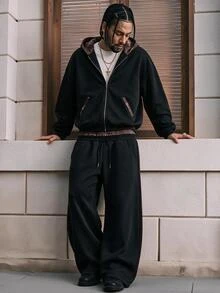 AXEPEAK Vintage Men's Long Sleeve Zip-Up Hoodie And Drawstring Waist Sweatpants Casual Set - Black - View 11