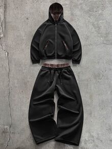 AXEPEAK Vintage Men's Long Sleeve Zip-Up Hoodie And Drawstring Waist Sweatpants Casual Set - Black - View 10