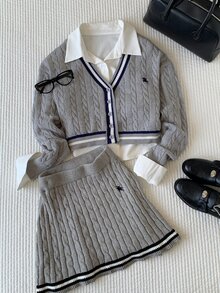Comfortcana 女款馬術刺繡對比色粗針編織迷你裙 - 灰色 - 查看 7