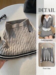 Comfortcana 女款馬術刺繡對比色粗針編織迷你裙 - 灰色 - 查看 1