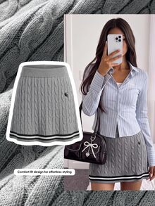 Comfortcana 女款馬術刺繡對比色粗針編織迷你裙 - 灰色 - 查看 8