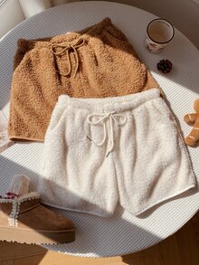 Comfortcana 女款純色抽繩腰口袋毛絨短褲居家休閒褲 棕色系/米白色 秋季可愛休閒風 - 彩色 - 查看 6
