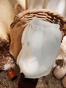 Comfortcana 女款純色抽繩腰口袋毛絨短褲居家休閒褲 棕色系/米白色 秋季可愛休閒風 - 彩色 - 查看 5