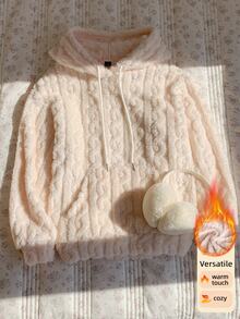 Comfortcana Women's Long Sleeve Pocket Design Drawstring Hooded Fleece Sweatshirt - Apricot - View 10