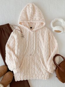 Comfortcana Women's Long Sleeve Pocket Design Drawstring Hooded Fleece Sweatshirt - Apricot - View 4