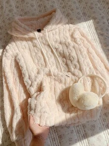 Comfortcana Women's Long Sleeve Pocket Design Drawstring Hooded Fleece Sweatshirt - Apricot - View 12