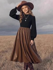 SHEIN Tween Girls Ribbed Patchwork PU Long Dress, Minimalist Elegant Autumn/Winter Dress - Multicolor - View 7