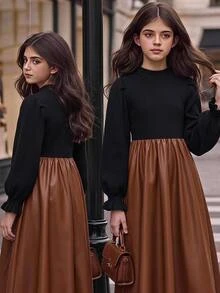 SHEIN Tween Girls Ribbed Patchwork PU Long Dress, Minimalist Elegant Autumn/Winter Dress - Multicolor - View 1