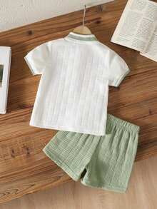 SHEIN 男嬰淺綠色馬匹印花夏季提花 Polo 領短袖短褲兩件套 - 綠色 - 查看 2
