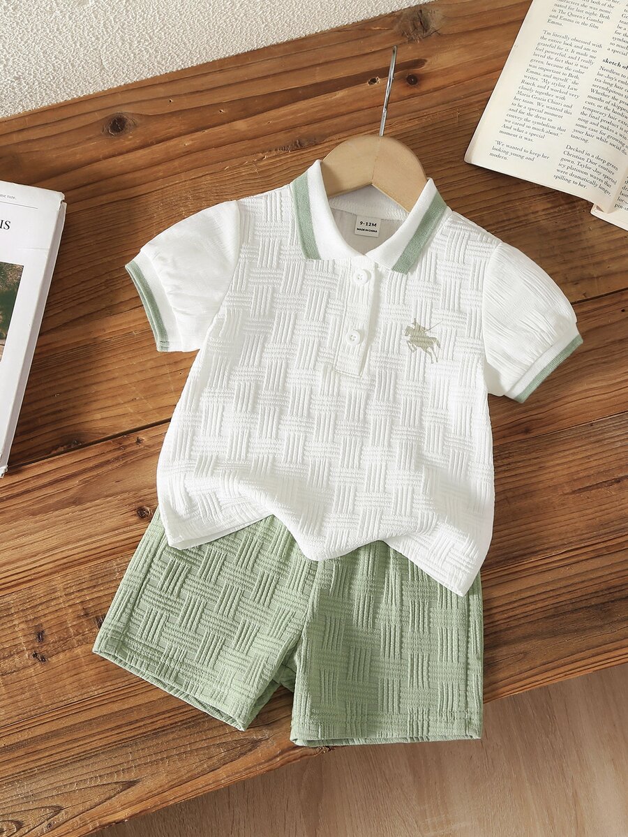 SHEIN 男嬰淺綠色馬匹印花夏季提花 Polo 領短袖短褲兩件套 - 綠色 - 查看 1