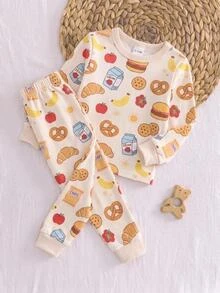 SHEIN 嬰兒/幼兒秋冬長袖麵包牛奶印花修身睡衣家居服套裝 - 彩色 - 查看 1