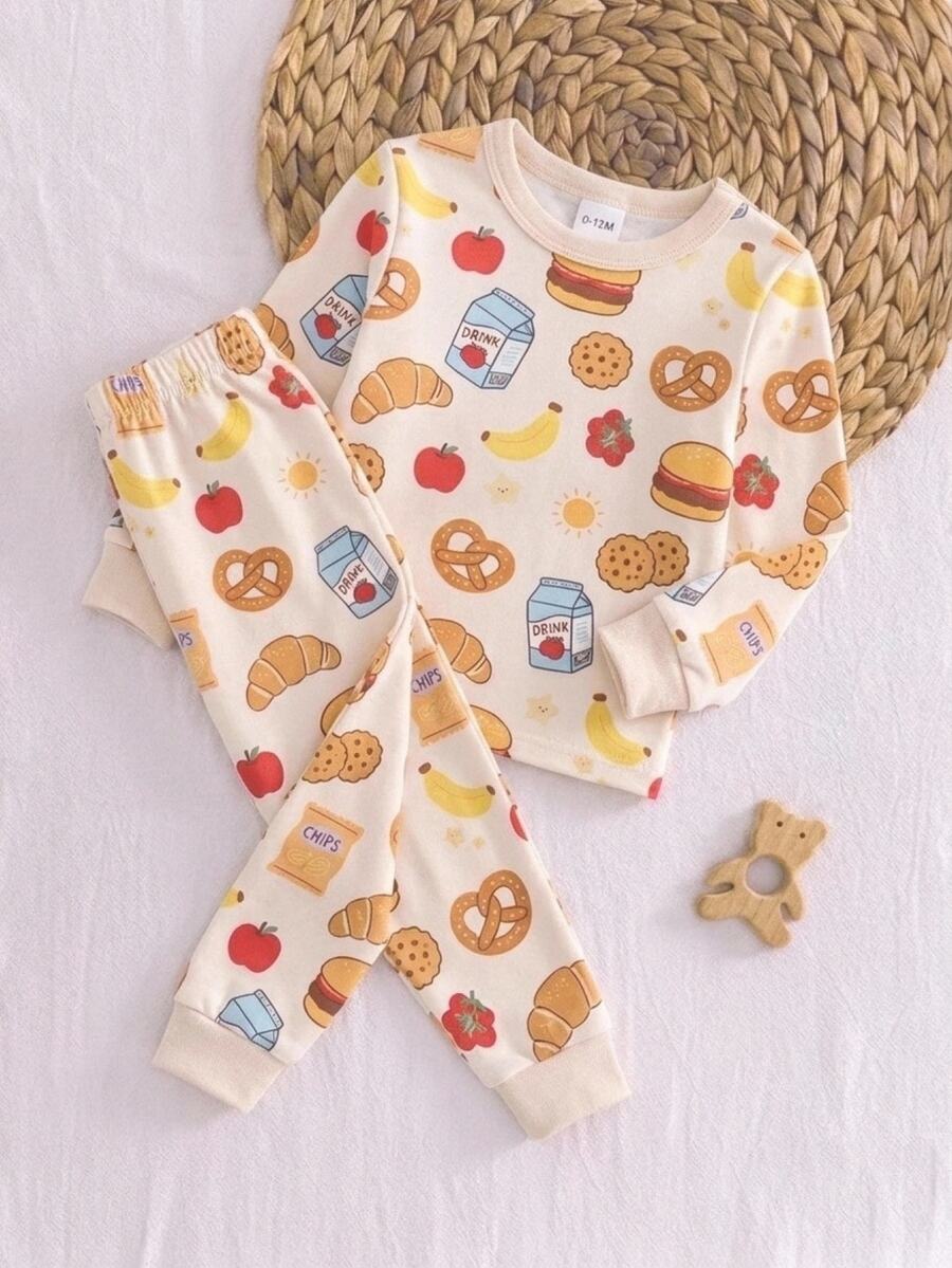 SHEIN 嬰兒/幼兒秋冬長袖麵包牛奶印花修身睡衣家居服套裝 - 彩色 - 查看 1