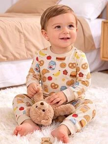 SHEIN 嬰兒/幼兒秋冬長袖麵包牛奶印花修身睡衣家居服套裝 - 彩色 - 查看 3