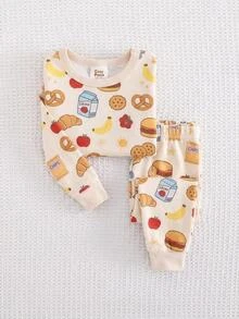 SHEIN 嬰兒/幼兒秋冬長袖麵包牛奶印花修身睡衣家居服套裝 - 彩色 - 查看 2