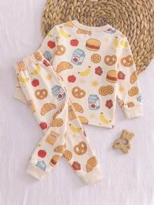SHEIN 嬰兒/幼兒秋冬長袖麵包牛奶印花修身睡衣家居服套裝 - 彩色 - 查看 4