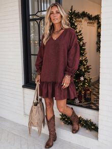 LanaWest Women's Solid Color Pleated V-Neck Casual Daily Summer Dress - Burgundy - View 1