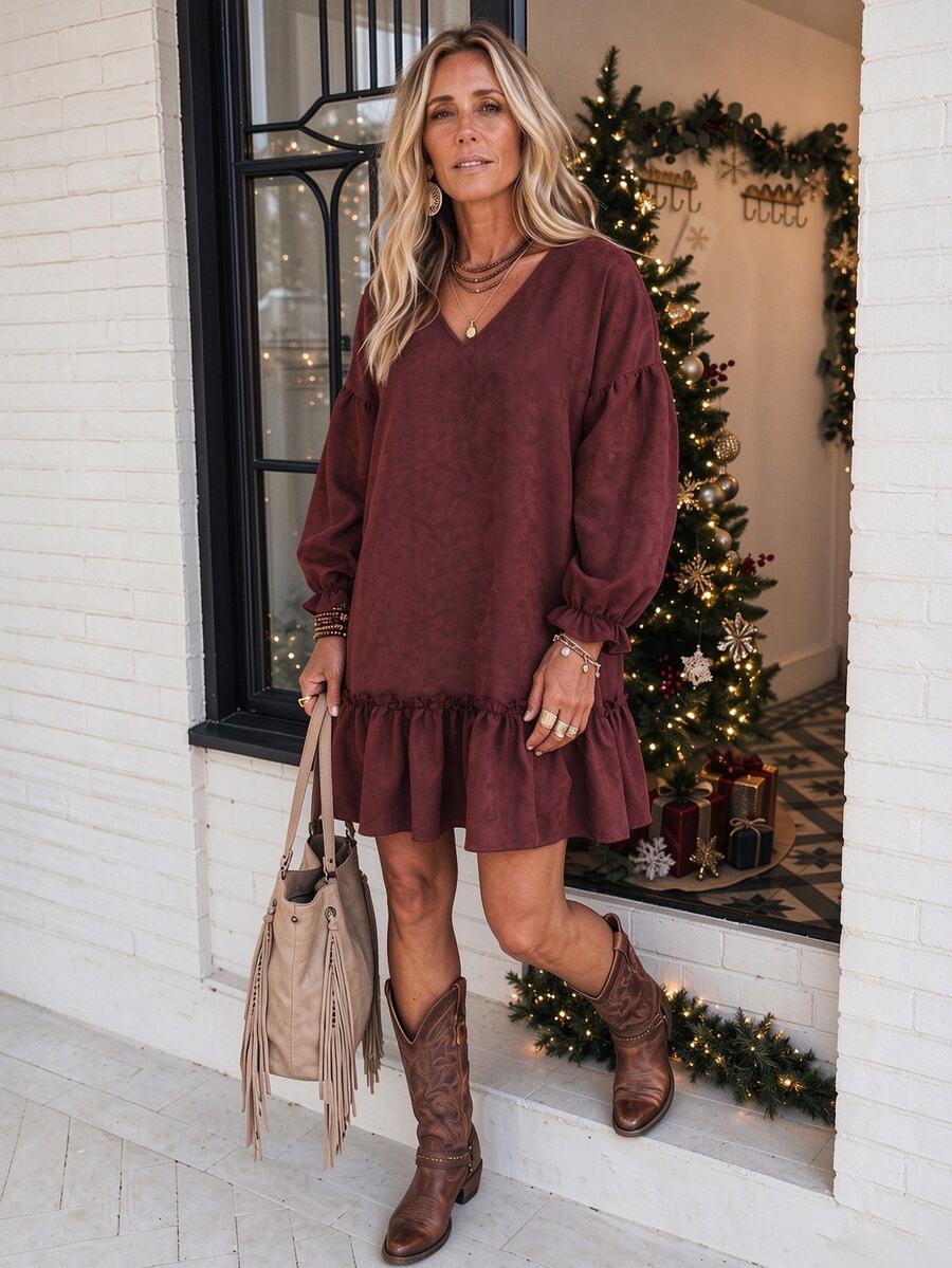 LanaWest Women's Solid Color Pleated V-Neck Casual Daily Summer Dress - Burgundy - View 1