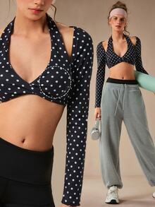 VARSIVA Women's Polka Dot 2 In 1 Casual Daily Sports Bra - Black and White - View 2