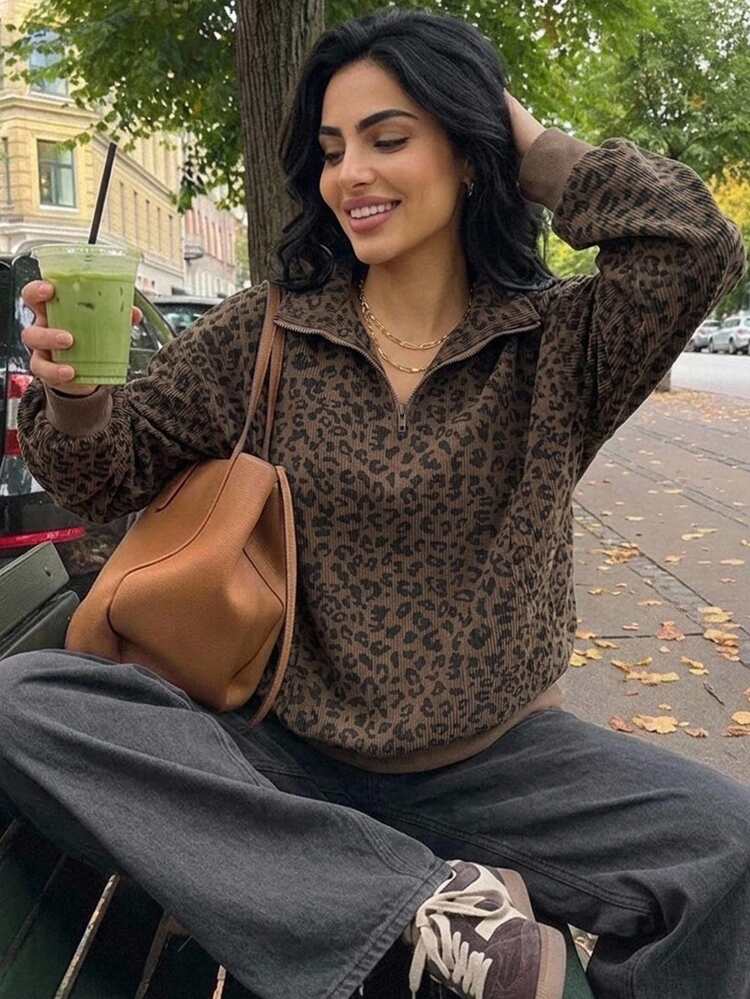 Livesso Women's Casual Leopard Print Loose Fit Sweatshirt, Spring/Autumn - Brown - View 2
