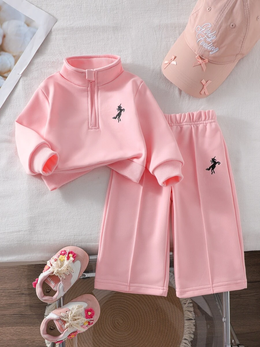 SHEIN 秋冬女嬰刺繡立領拉鍊長袖運動衫套裝，簡約圖案可愛休閒舒適粉色親子款