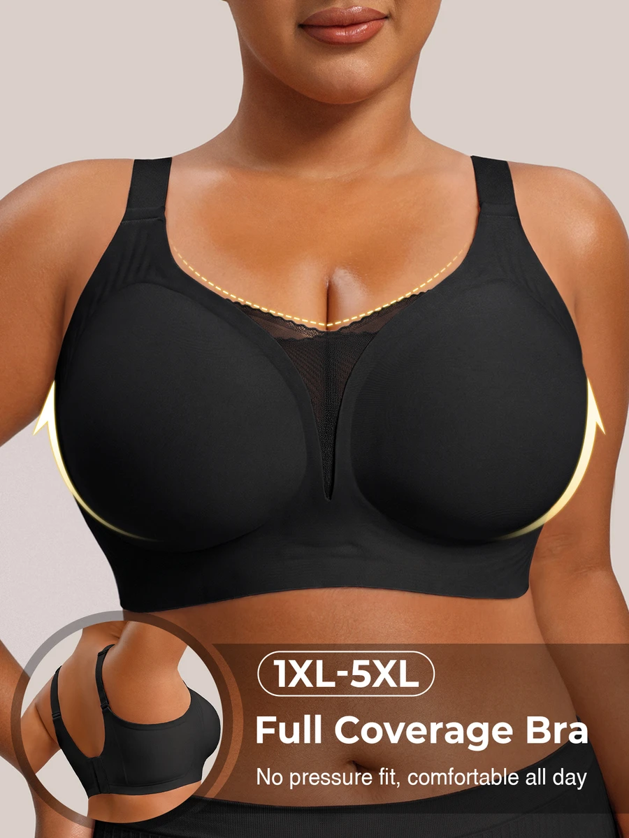 Barelissa Minimalist Plus Size Bra With Mesh Patchwork, Bandeau Style, Wire-Free, Non-Slip Wide Strap, Casual Comfortable Seamless Bra, 1pc