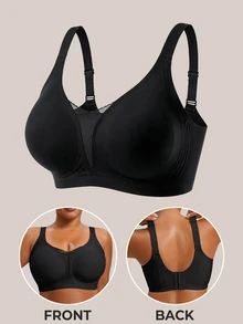 Barelissa Minimalist Plus Size Bra With Mesh Patchwork, Bandeau Style, Wire-Free, Non-Slip Wide Strap, Casual Comfortable Seamless Bra, 1pc - Black - View 6