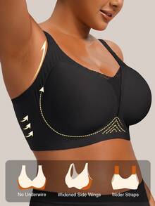 Barelissa Minimalist Plus Size Bra With Mesh Patchwork, Bandeau Style, Wire-Free, Non-Slip Wide Strap, Casual Comfortable Seamless Bra, 1pc - Black - View 4
