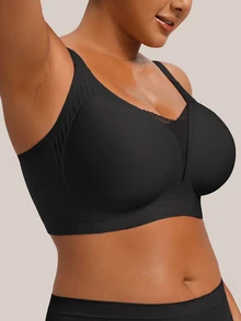 Barelissa Minimalist Plus Size Bra With Mesh Patchwork, Bandeau Style, Wire-Free, Non-Slip Wide Strap, Casual Comfortable Seamless Bra, 1pc - Black - View 9