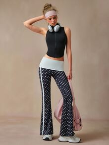 VARSIVA Women's Polka Dot Color Block Casual Daily Travel Sports Long Pants - Black and White - View 2