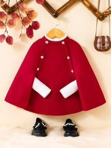 SHEIN 女童對比飾邊披風袖雙排扣斗篷大衣，聖誕冬季款 - 紅色 - 查看 4