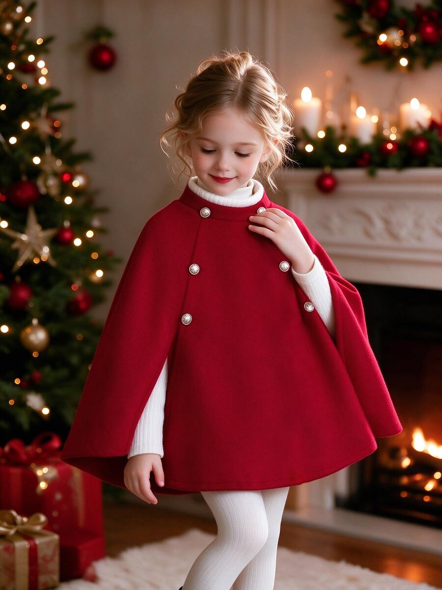 SHEIN Áo khoác choàng dáng cape hai hàng khuy, tay áo choàng, phối viền tương phản cho bé gái, mùa đông Giáng Sinh - Đỏ - Xem 1