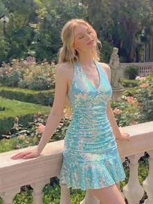 Skyraze Women's Fashion Party Club Halter Neck Backless Sequin Decorated Ruffle Hem Mini Dress, Prom Dress,Party,Sexy,New Year Christmas - Teal Blue - View 1
