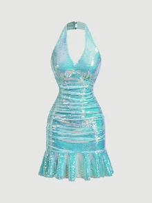 Skyraze Women's Fashion Party Club Halter Neck Backless Sequin Decorated Ruffle Hem Mini Dress, Prom Dress,Party,Sexy,New Year Christmas - Teal Blue - View 3