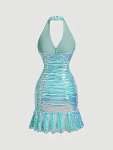 Skyraze Women's Fashion Party Club Halter Neck Backless Sequin Decorated Ruffle Hem Mini Dress, Prom Dress,Party,Sexy,New Year Christmas - Teal Blue - View 4