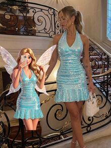 Skyraze Women's Fashion Party Club Halter Neck Backless Sequin Decorated Ruffle Hem Mini Dress, Prom Dress,Party,Sexy,New Year Christmas - Teal Blue - View 6