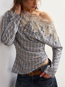 Bohemela Women's Contrast Lace Asymmetric Shoulder Long Sleeve Plaid Pleated Fashion Blouse - Blue - View 2