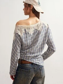 Bohemela Women's Contrast Lace Asymmetric Shoulder Long Sleeve Plaid Pleated Fashion Blouse - Blue - View 6