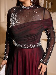 Reflora Elegant Minimalist Pearl Decor Mesh Patchwork Long Sleeve Dress - Black - View 2