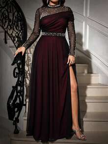 Reflora Elegant Minimalist Pearl Decor Mesh Patchwork Long Sleeve Dress - Black - View 7