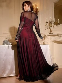 Reflora Elegant Minimalist Pearl Decor Mesh Patchwork Long Sleeve Dress - Black - View 3