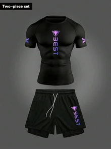 RISE LYT Men's Letter Print T-Shirt And Shorts Sports Suit Gym Set Workout Set Compression Shirt, Lightweight - Black - View 1