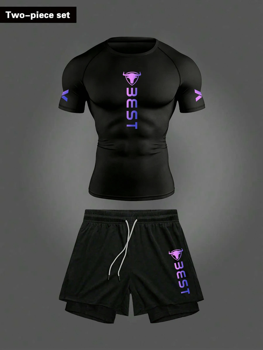 RISE LYT Men's Letter Print T-Shirt And Shorts Sports Suit Gym Set Workout Set Compression Shirt, Lightweight - Black - View 1