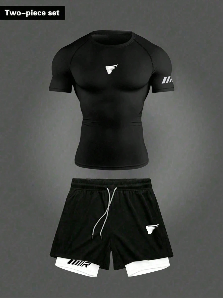 Gym Rark Men's Graphic Print Round Neck Short Sleeve Top And Drawstring Waist Shorts Sports Athleisure Athletic Suit, Gym Workout Black Summer - Black - View 1