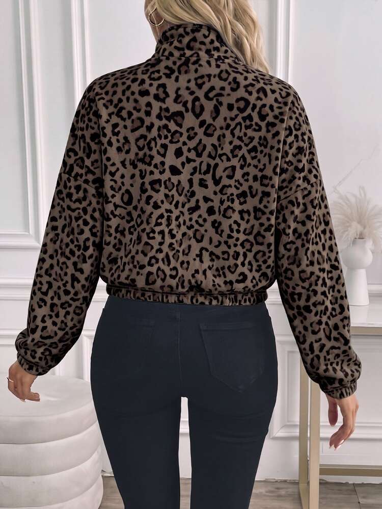 SHEIN LUNE Leopard Print Women's Printed Zip-Up Elastic Cuff Long Sleeve Casual Streetwear Hooded Sweatshirt Jacket, Winter/ Everyday Travel Grey Leopard Print - Multicolor - View 2