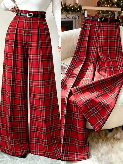 Elenzga Women's Autumn/Winter Red & Black Plaid High-Waist Pleated Loose Wide-Leg Long Pants, Elegant Casual Office Wear, High-Aura Formal Meeting & Occasion Outfit, Back To School Season, Teacher's Day Outfit, Autumn New Arrival Essential Fashion Item, Niche Design Versatile Women's Long Pants